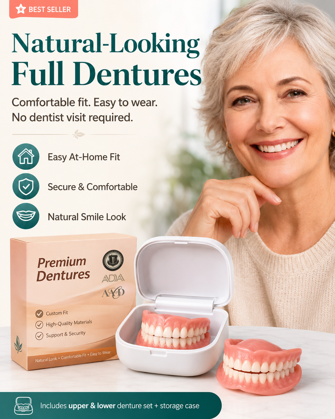 KLENIMORE natural-looking full denture set with storage case