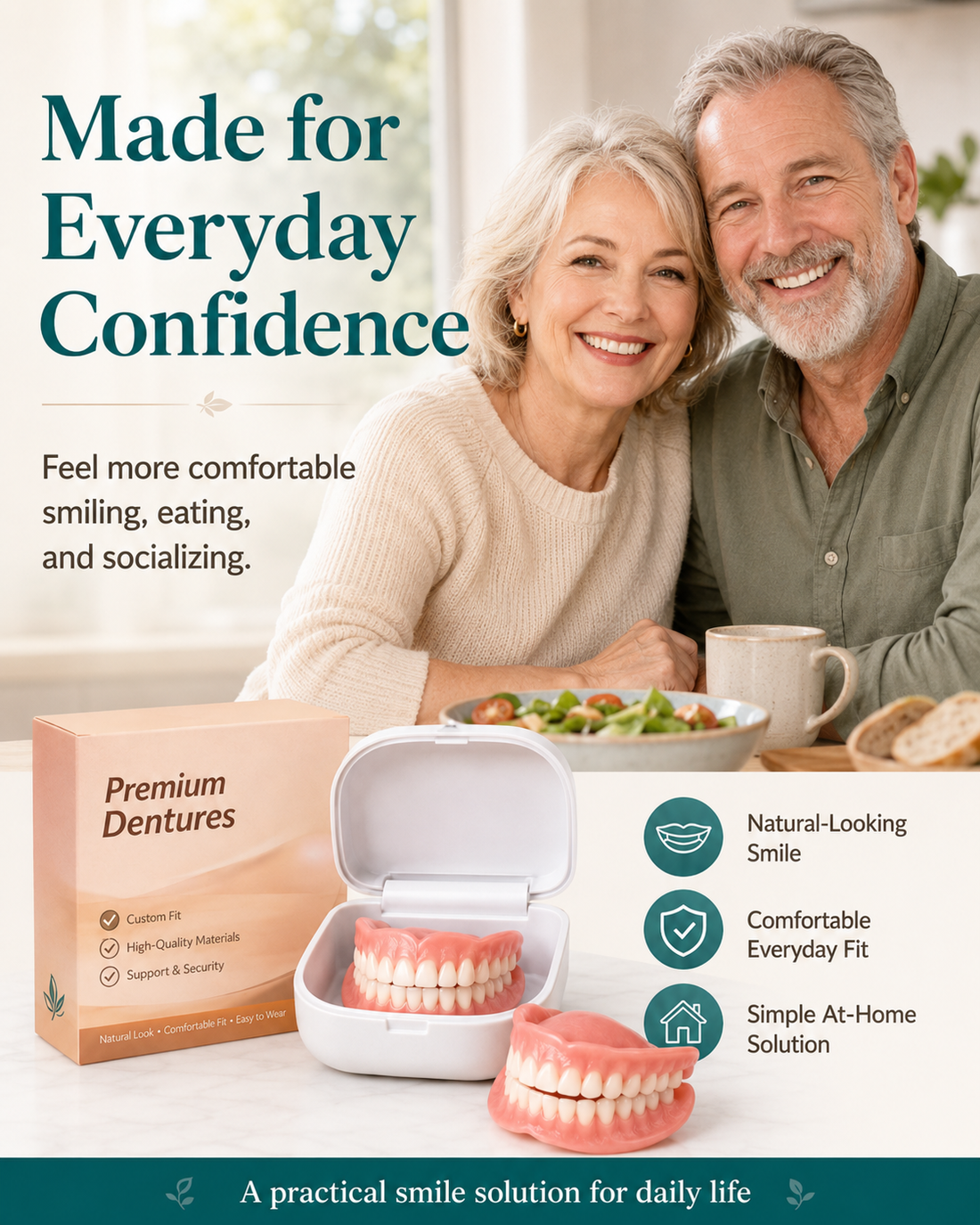 Older couple smiling during an everyday meal with KLENIMORE dentures
